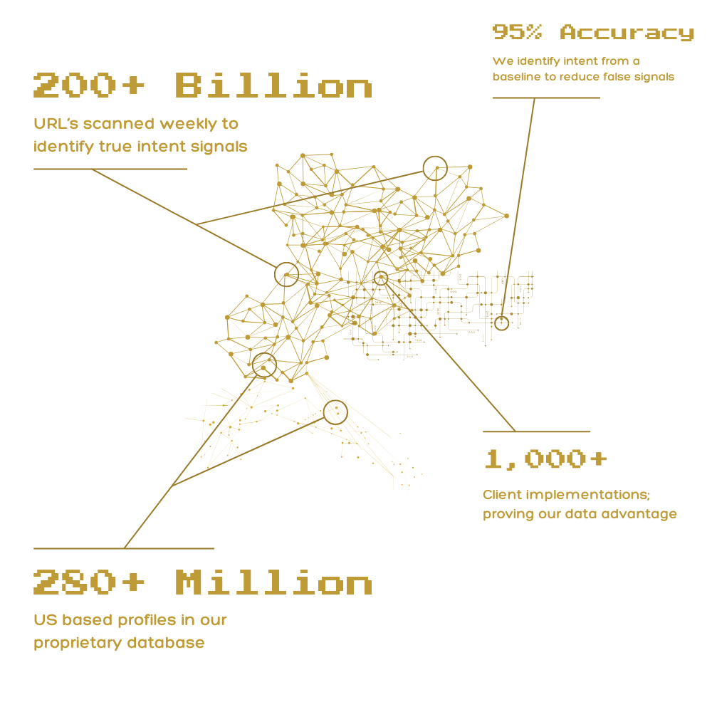 Data metrics visualization showing 200+ billion URLs scanned, 250+ million US profiles, 95% accuracy, and 1,000+ client implementations